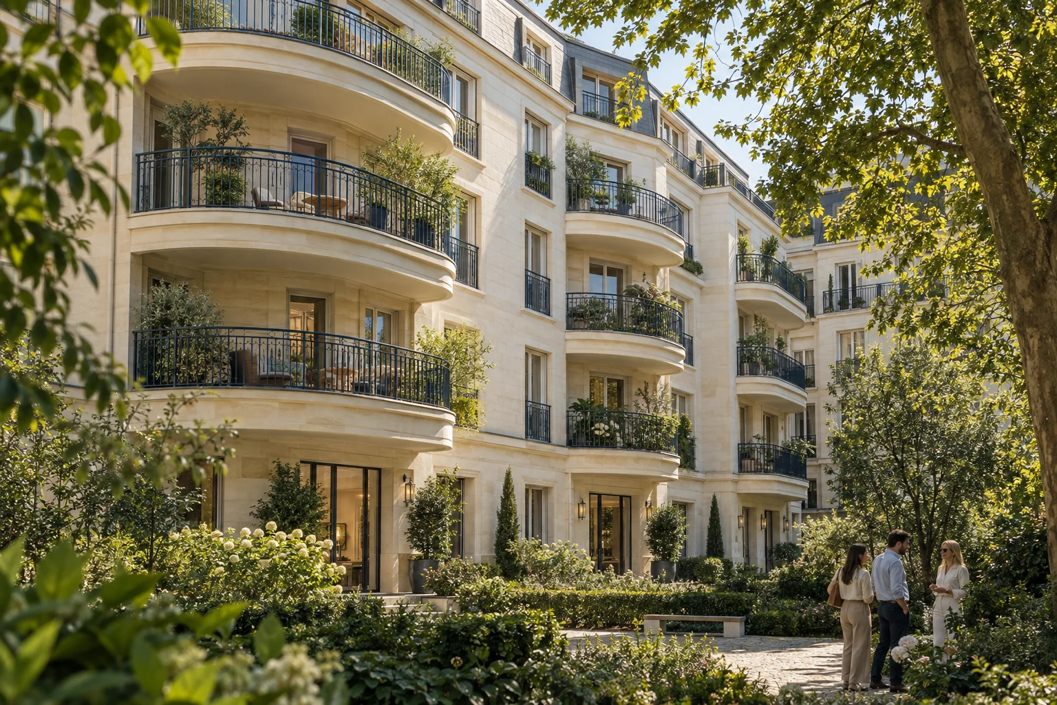 Illustration d’une résidence lumineuse et de voisins échangeant dans le jardin partagé