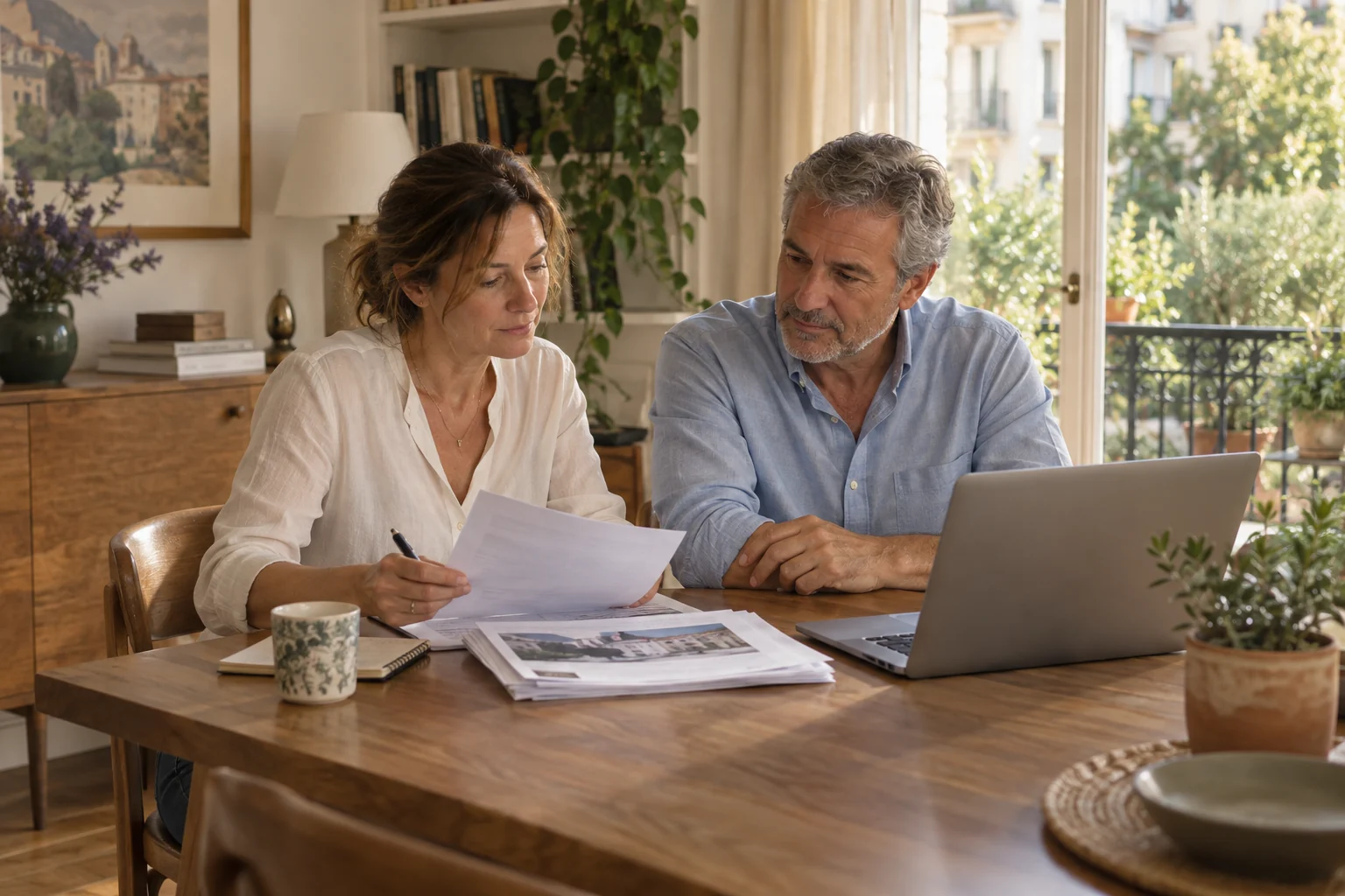 Illustration de deux copropriétaires préparant ensemble la gestion de leur résidence