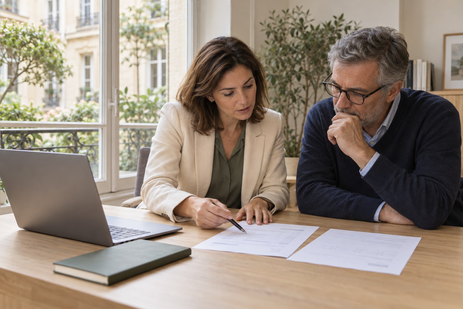 Une gestionnaire et un copropriétaire vérifient ensemble un document dans un bureau lumineux.