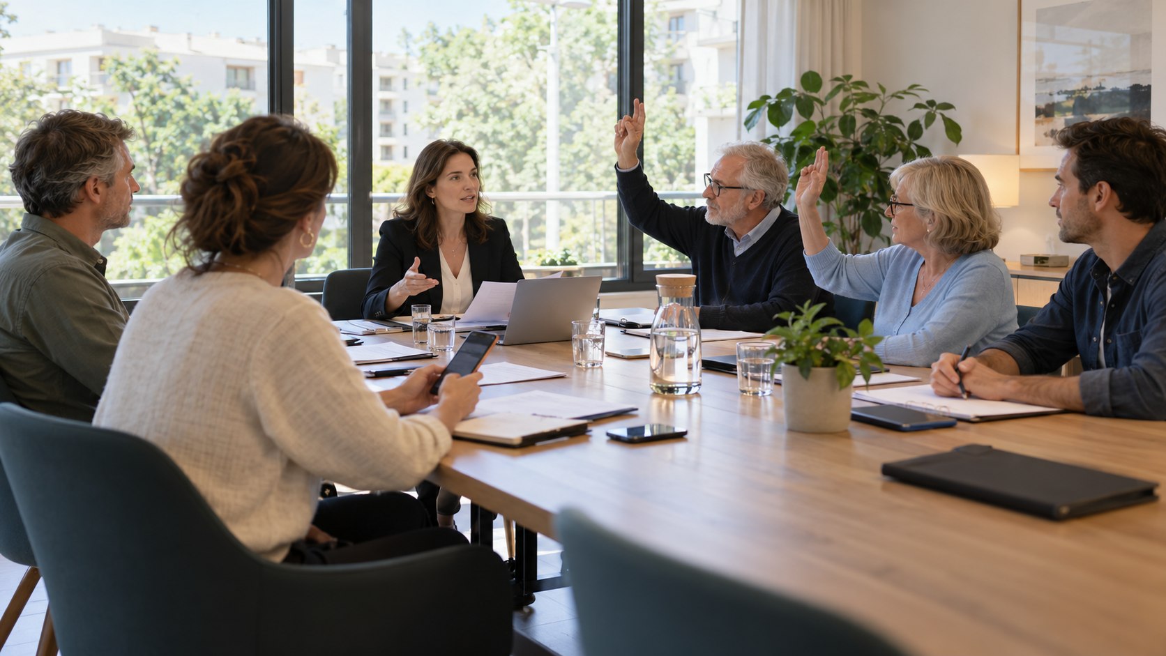 Des copropriétaires participent à une assemblée générale, certains lèvent la main et une personne utilise son téléphone.