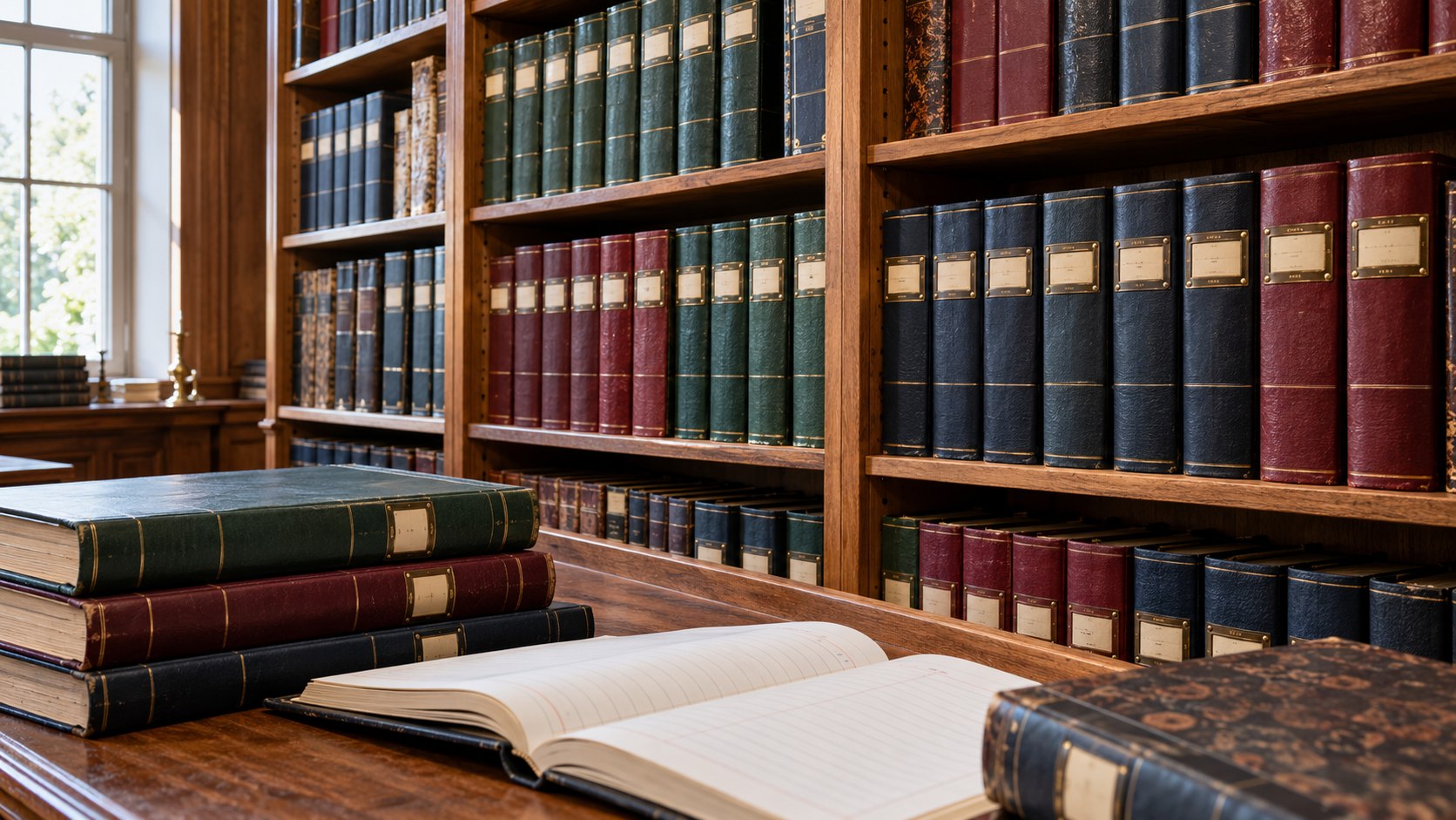Une bibliothèque de registres reliés, avec un registre ouvert sur une table.